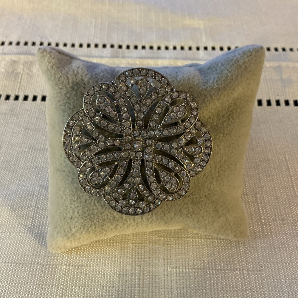 Floral Inspired Clear Rhinestone Silver Tone Brooch